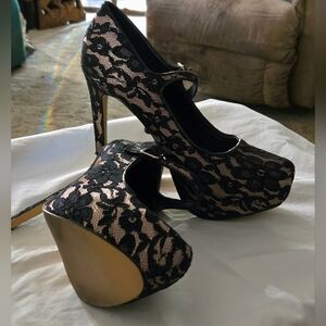 Black Lace Women's Heels New Worn 1 Time Stickers On The Bottom